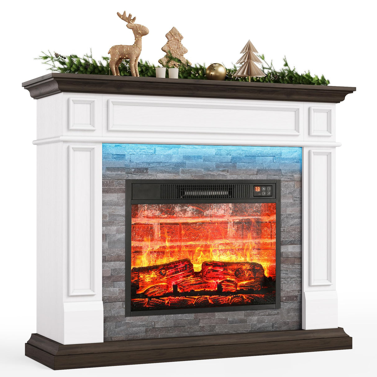 44" Electric Fireplace Mantel, LED Farmhouse TV Stand with Electric Fireplace Heater, Stacked Stone Surround and Remote Control 3D Realistic Flame, White Fireplace for Living Room Bedroom Naice