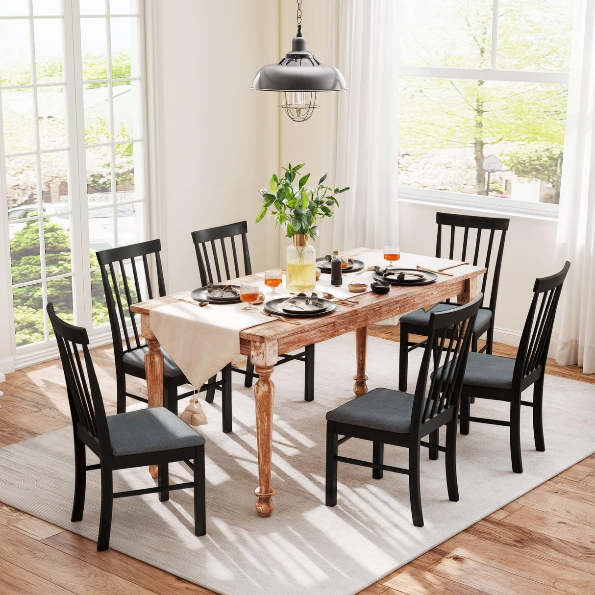 HOMCOM Wooden Dining Chairs Set of 4, Farmhouse Upholstered Kitchen Chairs with Rubber Wood Frame for Living Room, Dining Room, Black and Gray HOMCOM
