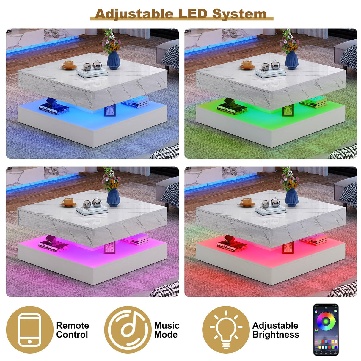 jiteentarou 33.9" LED Coffee Table with Storage, Modern High Glossy Living Room Table w/2 Drawers,Double-Layer Design Large Square Center Table for Living Room, Home, Office, White Marble jiteentarou