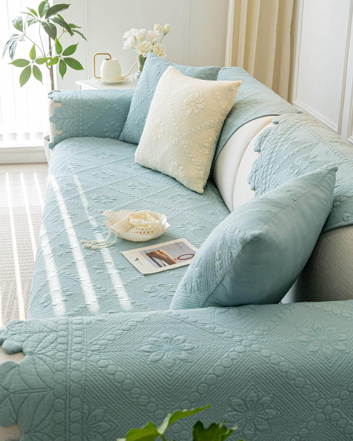 XSlive Cotton Quilted Dog Couch Cover for Sofa Farmhouse Rustic Embroidery Sectional Couch Cover Soft Anti-Slip Sofa Slipcover Furniture Protector for Kids, Pets (Blue,28"x28") XSlive