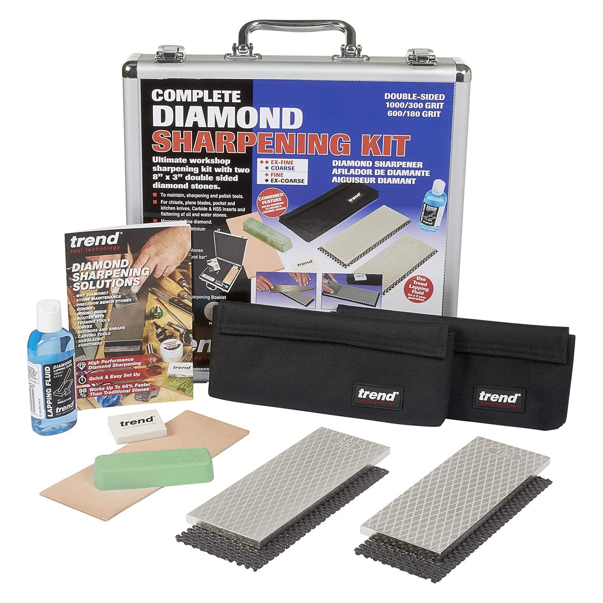 Trend Complete Diamond Sharpening Kit with 2x Diamond Bench Stones & Lapping Fluid, Honing Compound & Leather Strop, Accessories & Sharpening Solutions Guide, DWS/KIT/E TREND