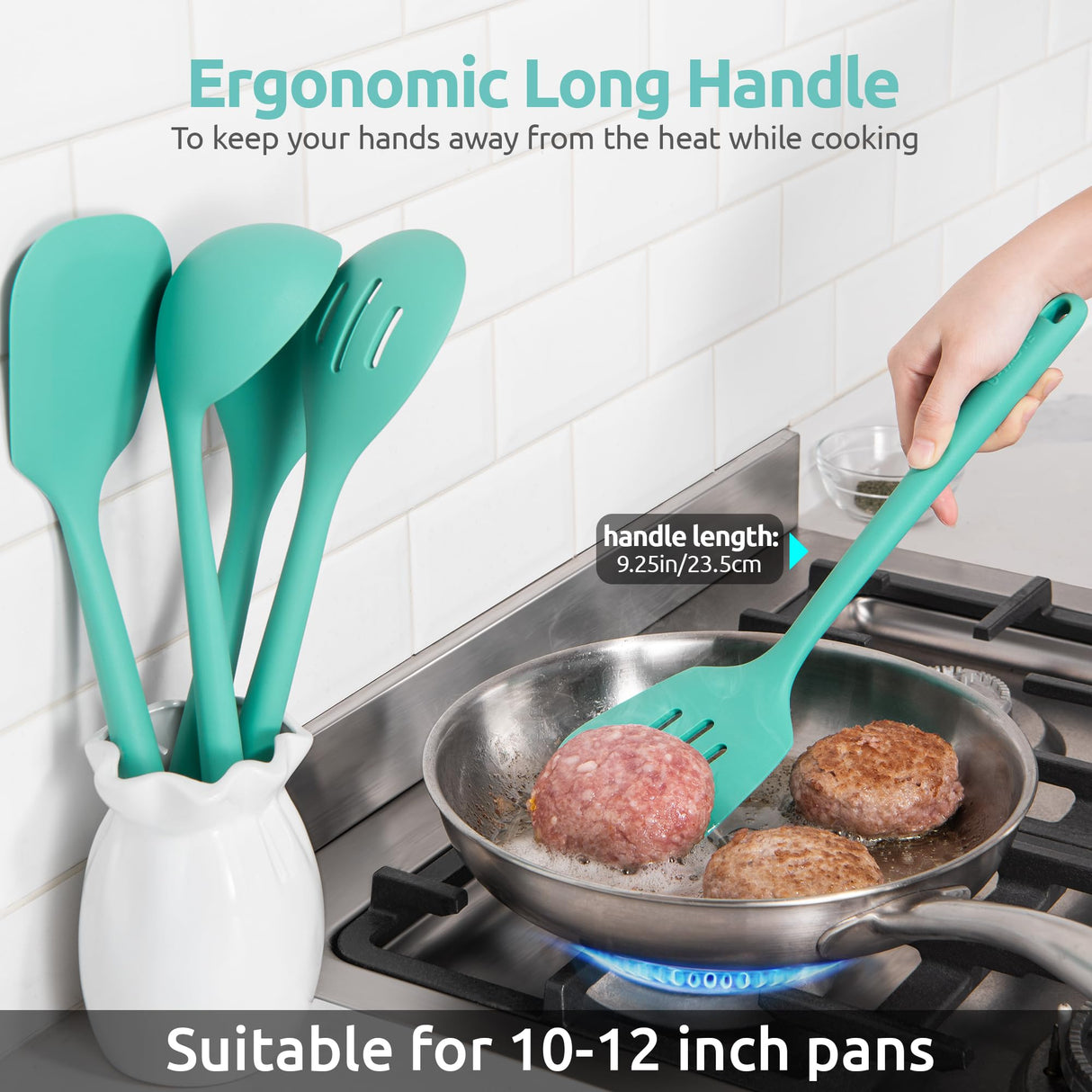 600ºF Heat Resistant Kitchen Utensil: U-Taste 13.6" Extra Long Silicone Cooking Tools Set, Food-Grade Non-Stick Solid and Slotted Turner Spatula, Mixing Spoon, and Soup Ladle (5 Pieces, Aqua Sky) U-Taste
