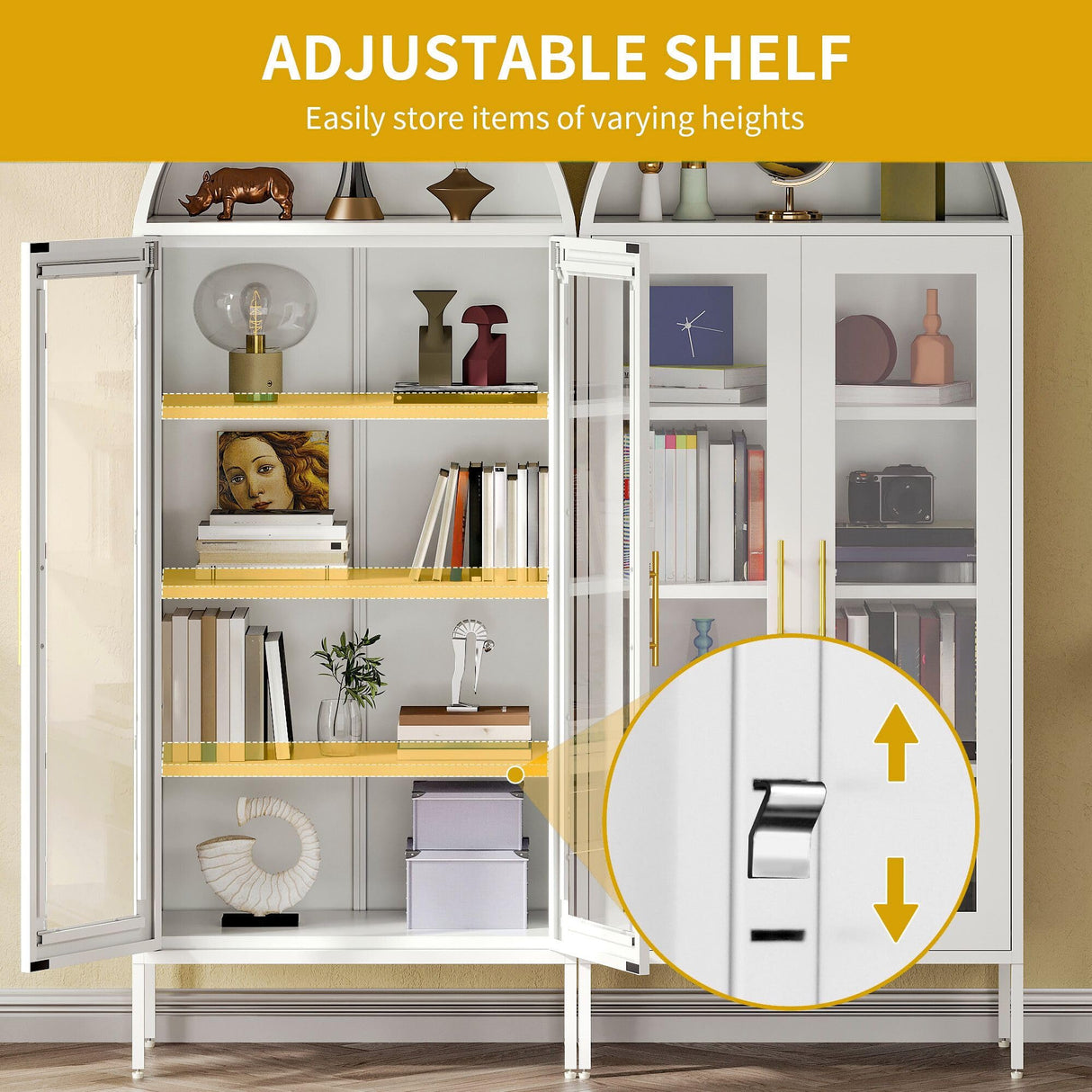 DWVO Arched Display Cabinet with Glass Doors, 71" Tall Storage Organizer Cabinet with Adjustable Shelves, Curio Cabinet with LED Lights, 5 Tier Bookcase for Collectibles Living Room Office, White DWVO