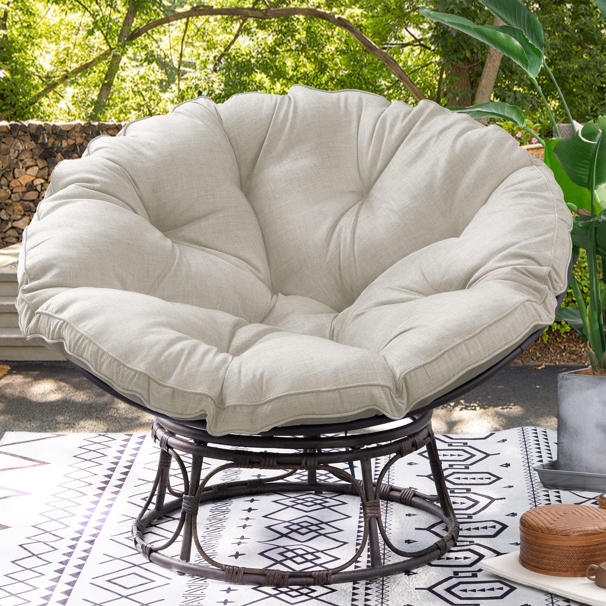 Joyside Papasan Chair with Cushion and Frame, 46'' Wicker Papasan Lounge Chair Large Saucer Chair, Brown Frame with Beige Cushion Joyside