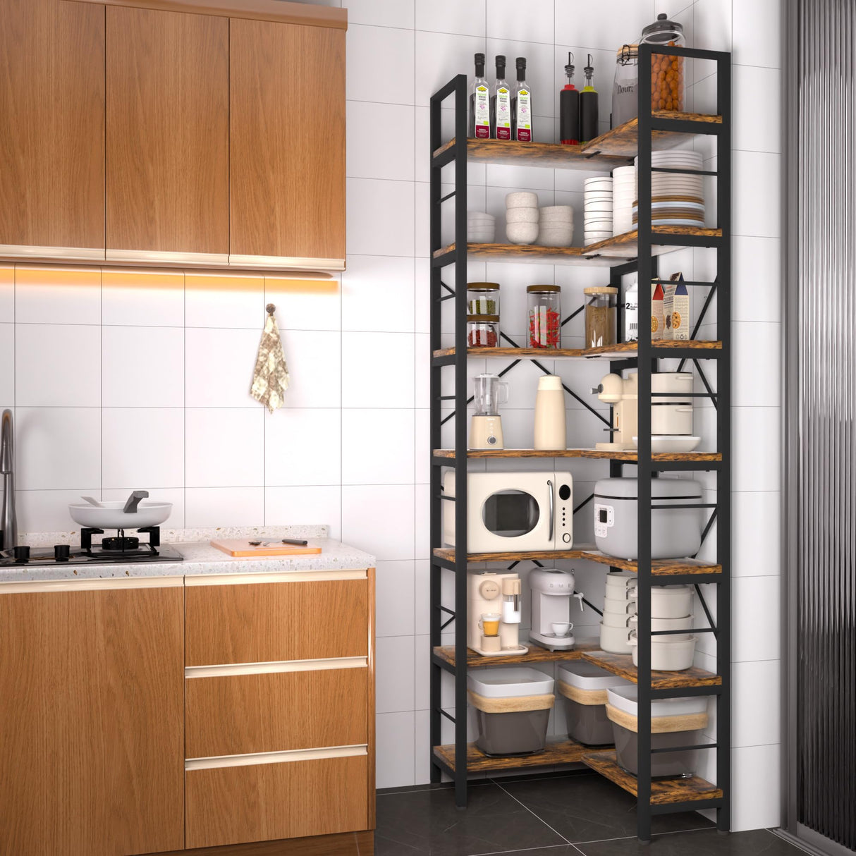 TEROL 7-Tier Corner Bookshelf, Reversible Wooden Shelves, Industrial Bookcase with Open Shelves and Sturdy Metal Frame, Display Shelf Storage Rack for Living Room, Bedroom, Home Office (Rustic Brown) TEROL