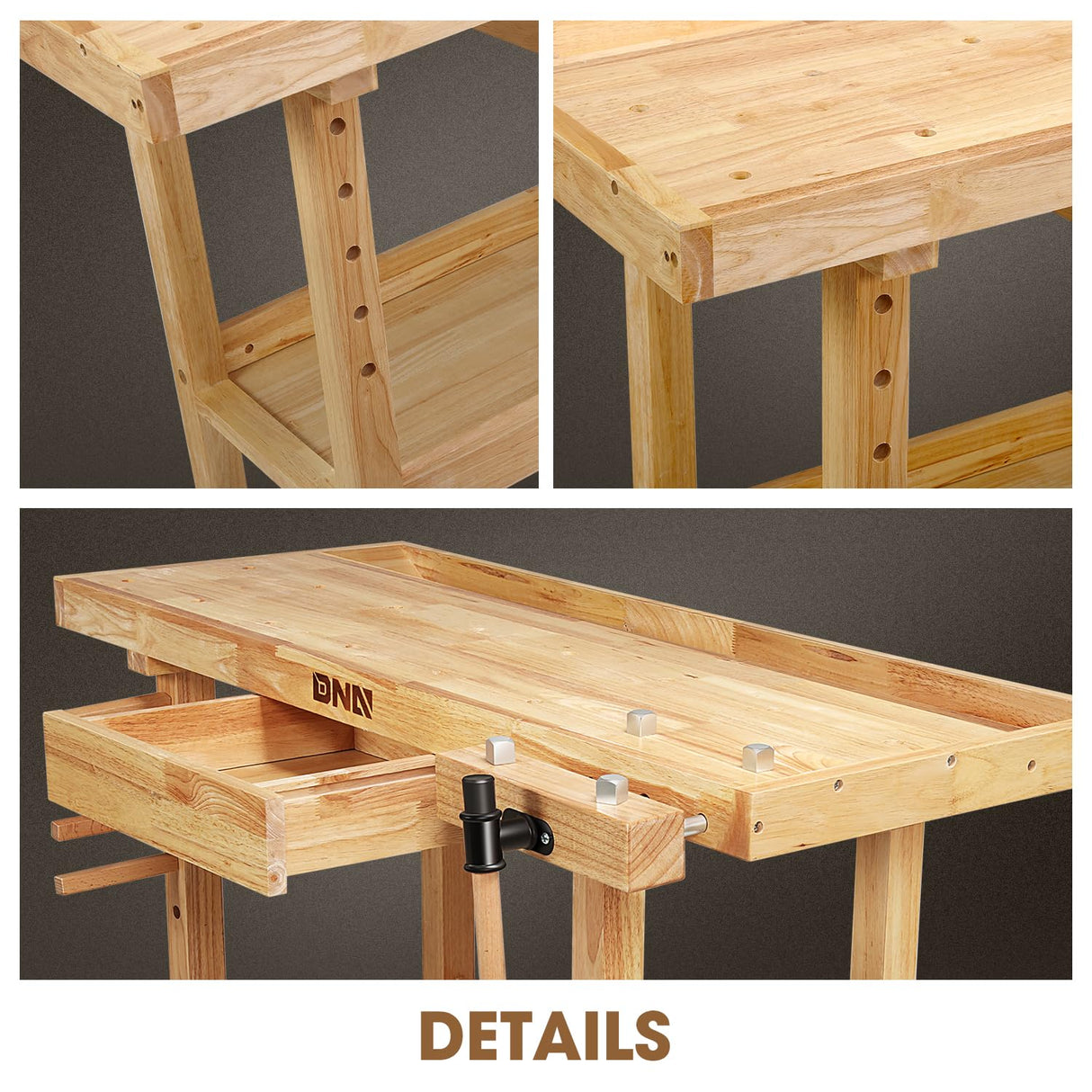 DNA MOTORING Heavy Duty Wood Workbench, Wooden Workbench with Drawer for Workshop, Garage, W/Adjustable Handle, TOOLS-00520 DNA MOTORING