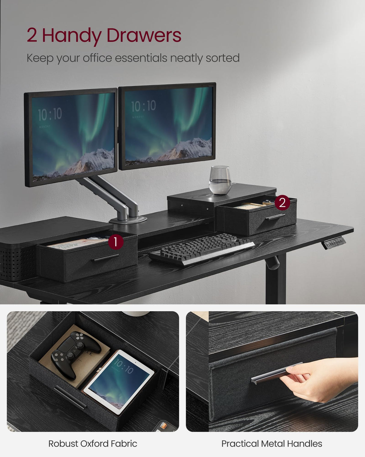 VASAGLE Electric Standing Desk with Drawers, 55.1 x 23.6 Inches, Sit Stand Desk with Power Outlet and LED Lights, Adjustable Height, Storage Shelf, 3 Memory Buttons, for Home Office, Ink Black VASAGLE