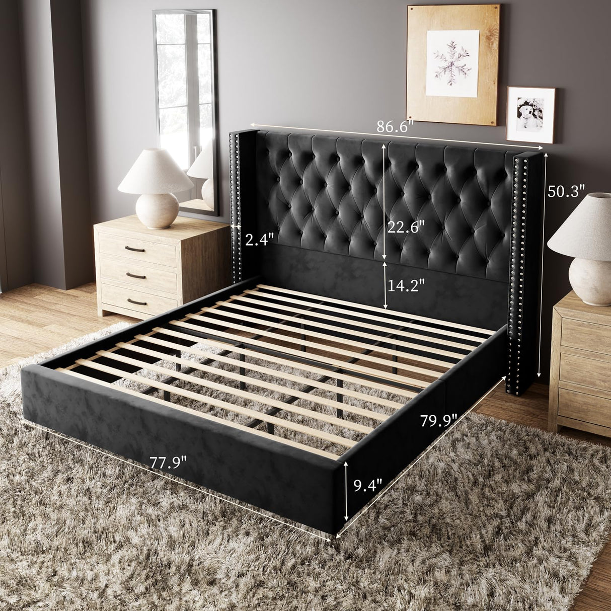 Jocisland King Bed Frame Upholstered Bed Wingback Headboard Velvet Tufted Diamond Button/No Box Spring Needed/Easy Assembly/Black Jocisland