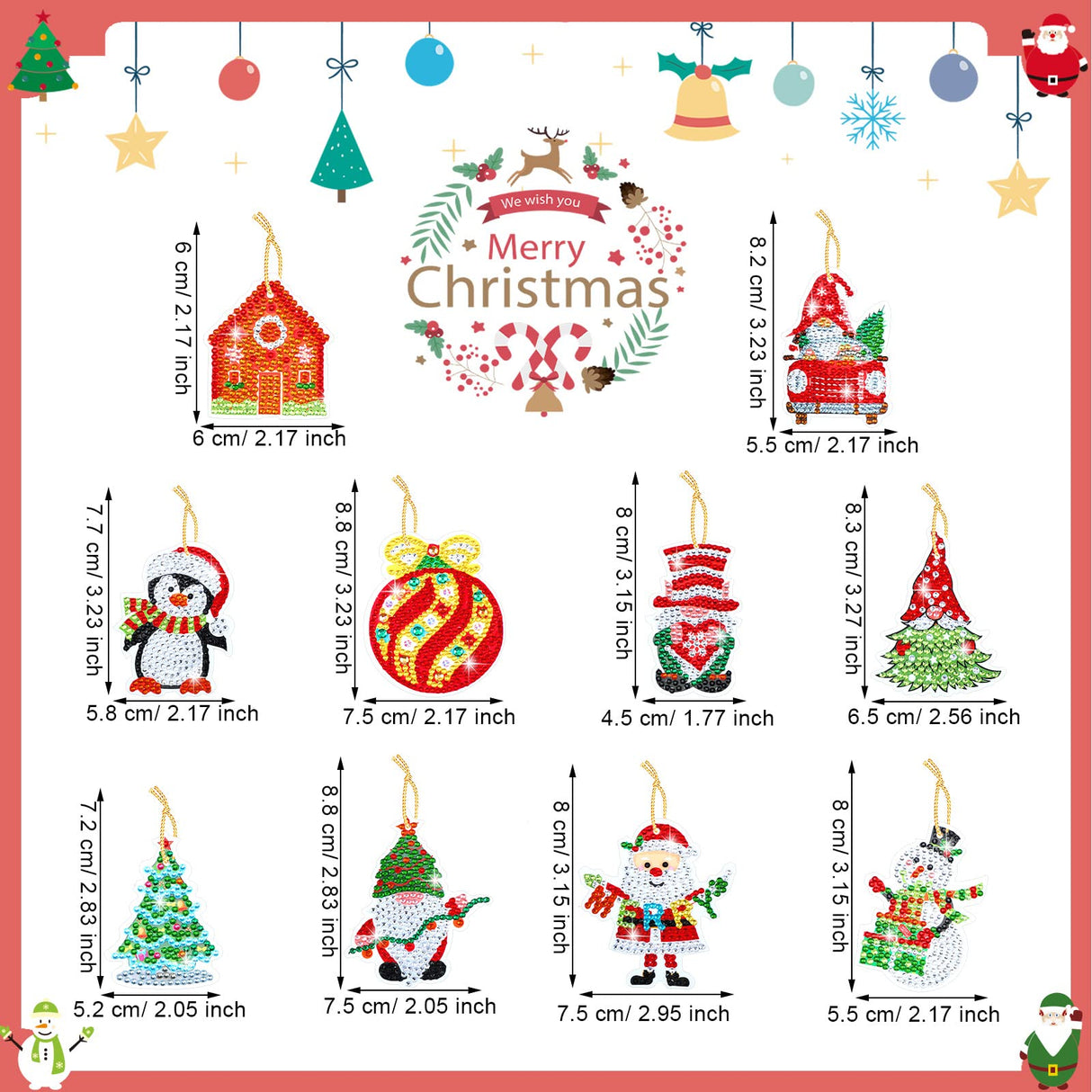 Hungdao 64 Pcs Diamond Art Christmas Ornaments Kits Christmas Crafts for Adults Diamond Gem Art Winter Hanging Ornaments 5d DIY Painting Keychains Xmas Crystal Tree Snowman Home Decor(Classic Red) Hungdao