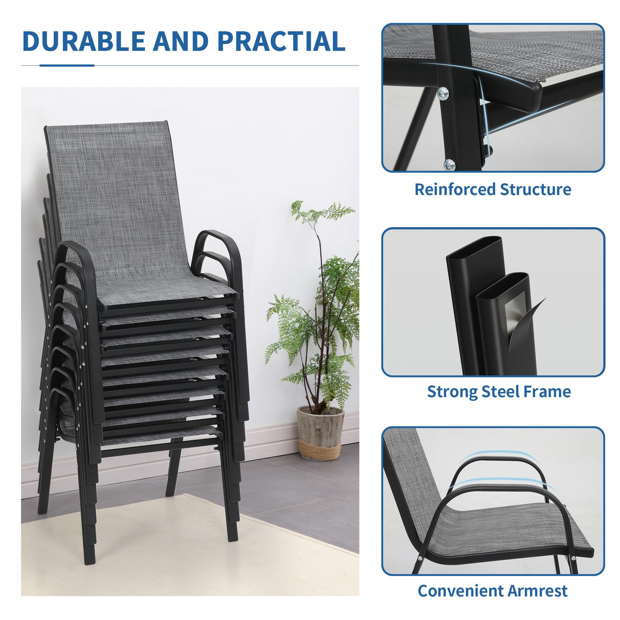 PIZZELLO Patio Chairs Set of 8 - Outdoor Stackable Dining Chairs for All Weather - Lightweight Textilene Outdoor Chair Sets with Armrests - 300Lbs Capacity - for Backyard Garden Porch Poolside (Grey) PIZZELLO
