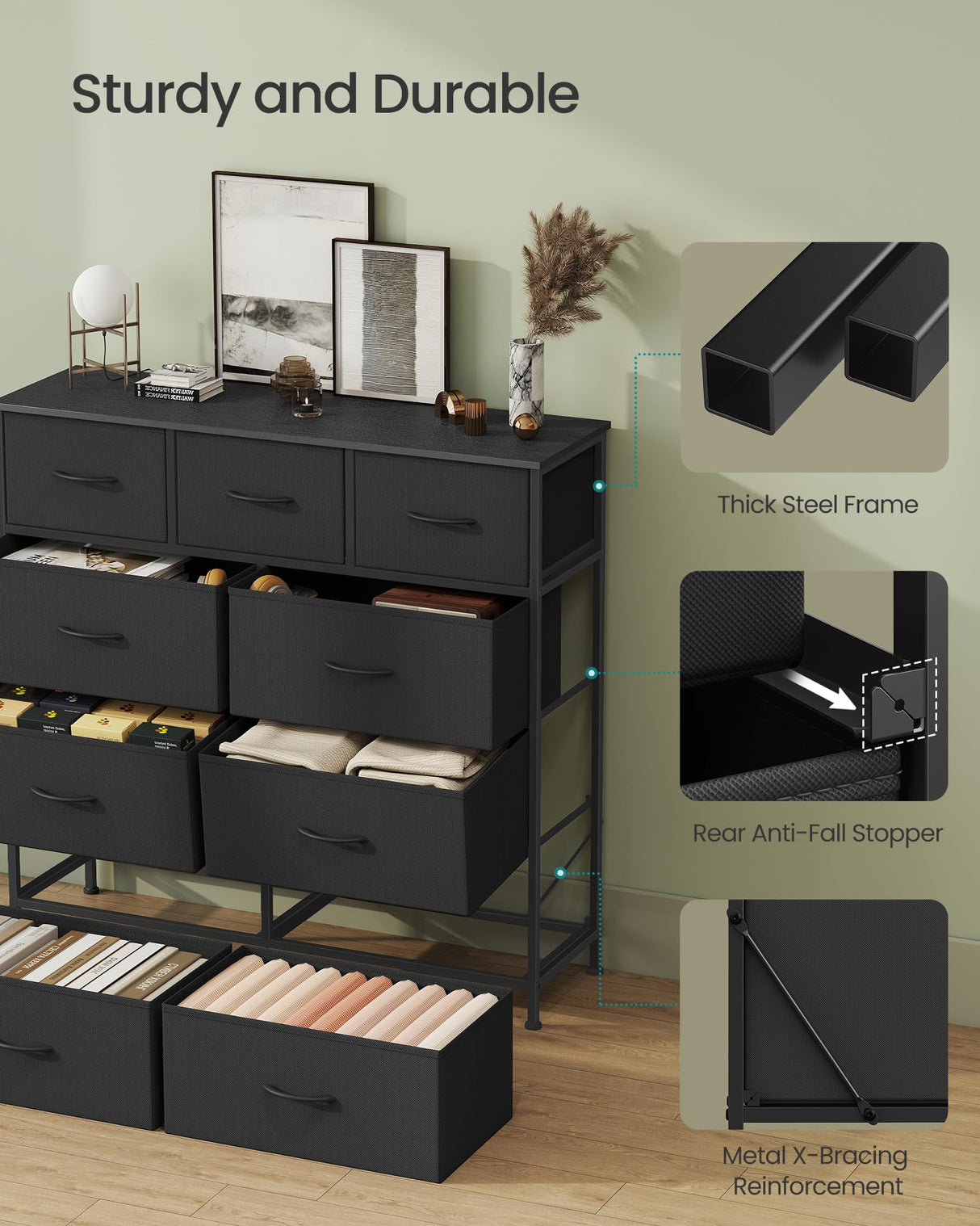 SONGMICS Dresser for Bedroom, Chest of Drawers, Steel, MDF, 9 Non-Woven Fabric Drawers, Storage Organizer Unit, Closet, Entryway, Ink Black and Ebony Black LGS324B01S SONGMICS