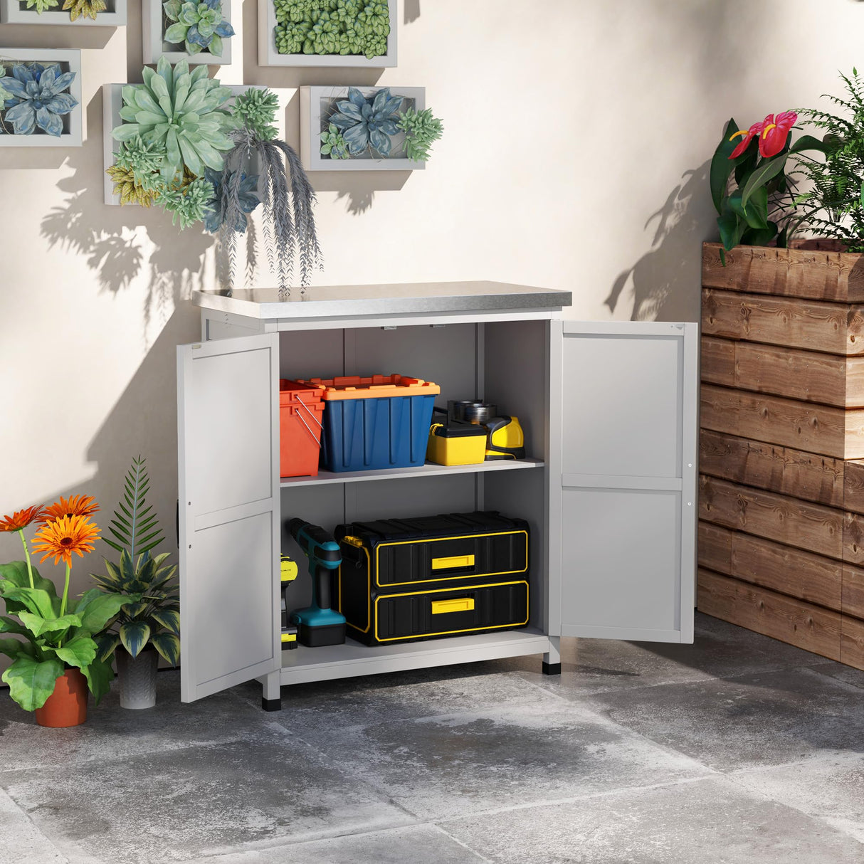 Outsunny Outdoor Storage Cabinet, Wooden Tool Storage Box with Metal Tabletop and Shelf, Potting Bench Table with Double Doors for Patio, Garden, Backyard, Gray Outsunny