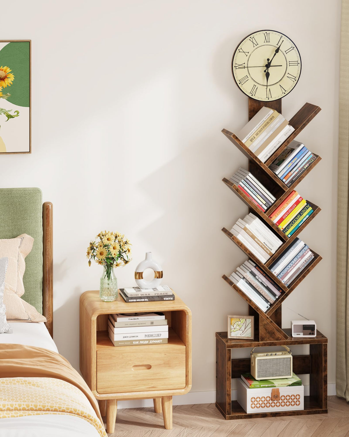 HIGDBFE 7 Tier Tree Bookshelf with Clock and Storage Cabinet, Small Narrow Floor Standing Bookcase for Bedroom, Living Room, Home Office, Rustic Brown HIGDBFE