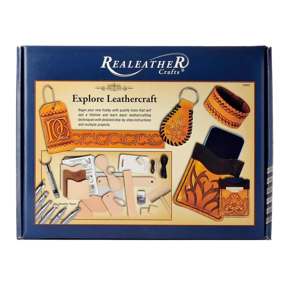 Realeather Basic Leather Craft Starter Kit - Basic Tools and Leather to Make a Key Fob, Bag Tag, Wristband, Cell Phone and Card Sleeve Realeather