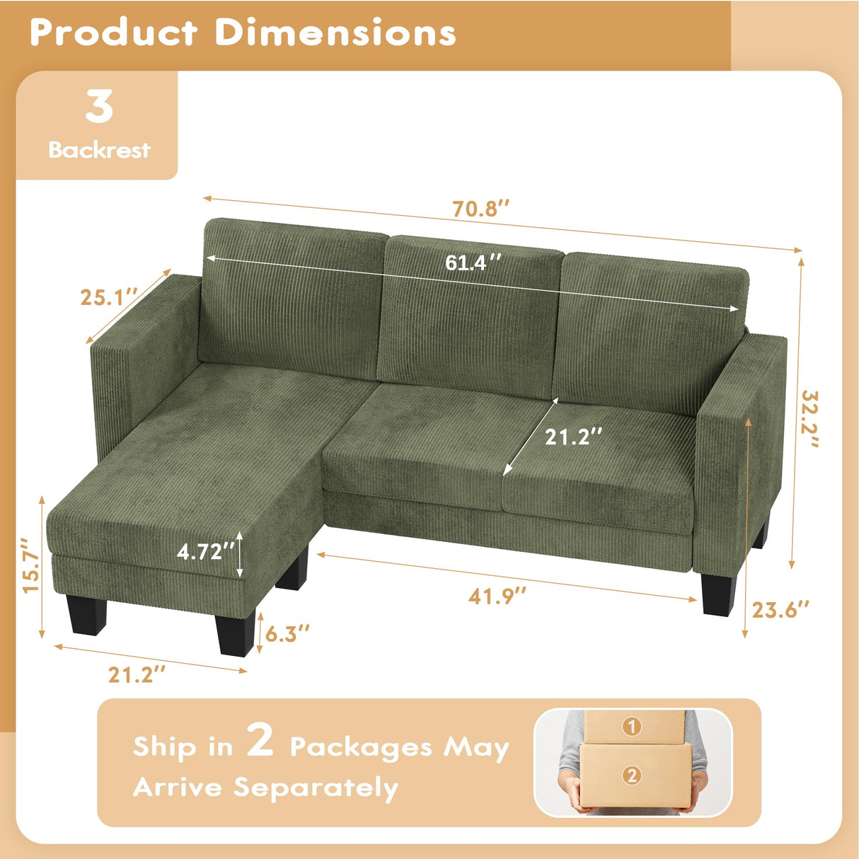 VICTONE Convertible Sectional Sofa Couch, 3 Seat L-Shaped Sofa with Linen Fabric Ottoman Small Couch for Small Apartments, Living Room and Office (Corduroy, Green) VICTONE