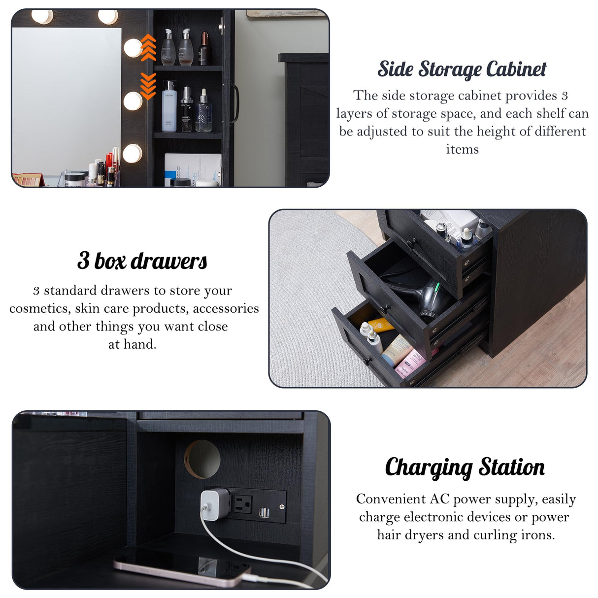 ACCOHOHO Farmhouse Vanity Desk with Mirror and Lights, 43" Wide Makeup Vanity with Glass Tabletop and Charging Station, Modern Vanity Table Set with Storage and Stool for Bedroom, Black ACCOHOHO