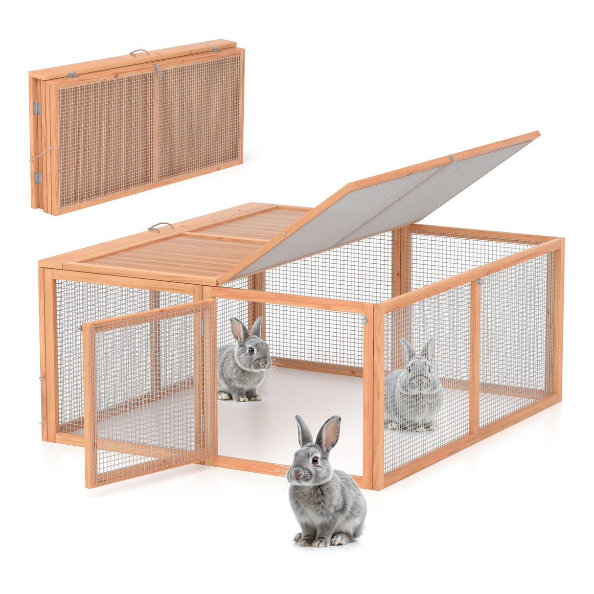 Chicken Coop, Wooden Rabbit Hutch Outdoor Indoor Folding Bunny Cage with Handle Portable Chicken Run with Top & Side Opening Doors Small Animal Playpen No Assembly Pet Poultry Cage for Bunny(Wood) Phonjoroo