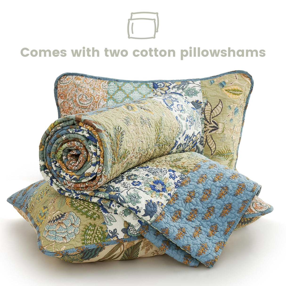 Secgo King Size Comforter Set- 100% Cotton Quilt King Size Set, Green, Sage bedspreads (96 * 108 Inch) with 2 Pillow Shams, Patchwork Reversible Lightweight Bedding Secgo