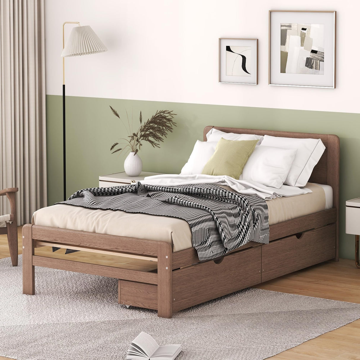 Twin Size Bed Frame with Storage Drawers,Solid Wood Platform Bed with Headboard,Twin Bed Frames for Kids,Teens,Adults,No Spring Needed,Walnut Bellemave
