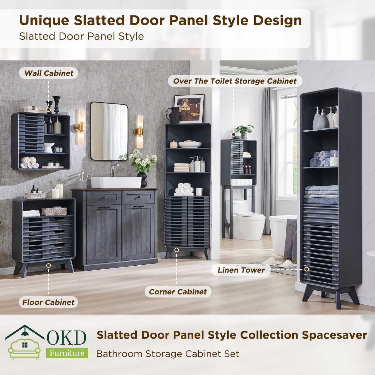 OKD 68" Tall Bathroom Storage Cabinet, Mid-Century Linen Tower with Drawer, Adjustable Shelf, Slatted Hinged Door, Curved Edges, Space-Saving Organizer for Bathroom, Kitchen, Living Room - Dark Grey OKD