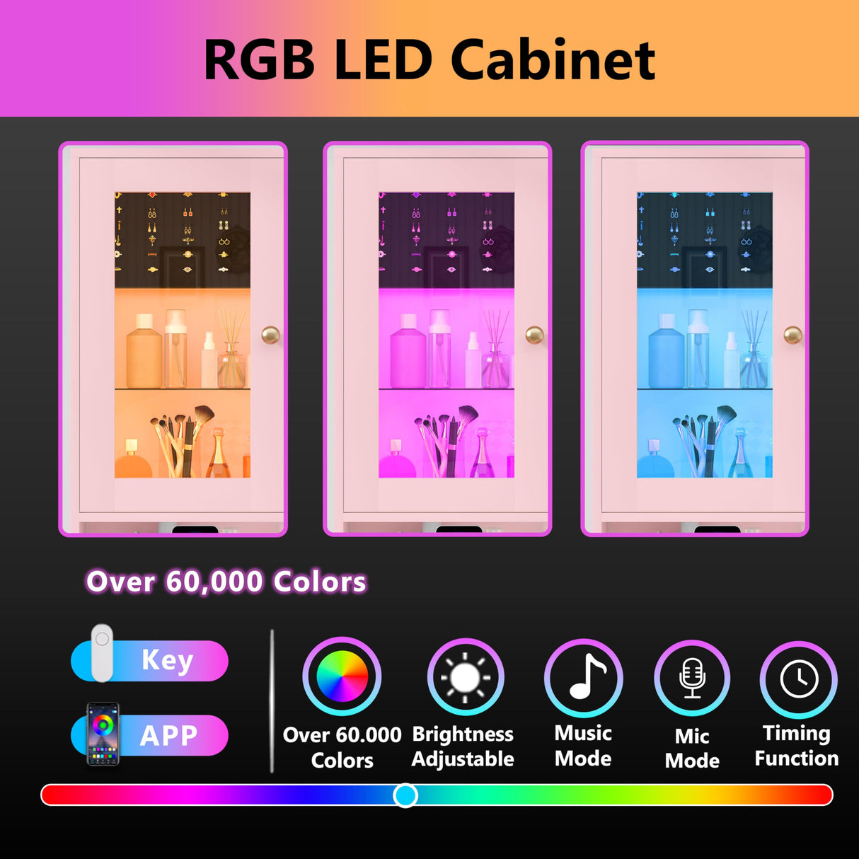 Wodeer Makeup Vanity Desk with Mirror and Lights,Vanity Table Set with Charging Station,Glass Tabletop and RGB Cabinets,Dressing Table with Jewellery Organizers Drawers for Bedroom,Pink Wodeer