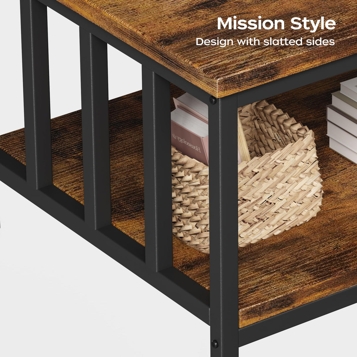 Homeiju Coffee Table for Living Room, Farmhouse Living Room Table with Slatted Sides Frame for Home Office, Apartment, 39 inch Rustic Black and Brown Homeiju