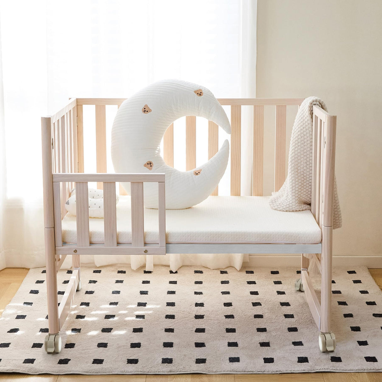 MAMAZING EvoNook 6-in-1 Convertible Mini Crib - Easy Assembly, Portable Folding Baby Mini Crib with Mattress, 100% New Zealand Pinewood, 4 Adjustable Mattress Heights, Washed Nature with Mattress MAMAZING