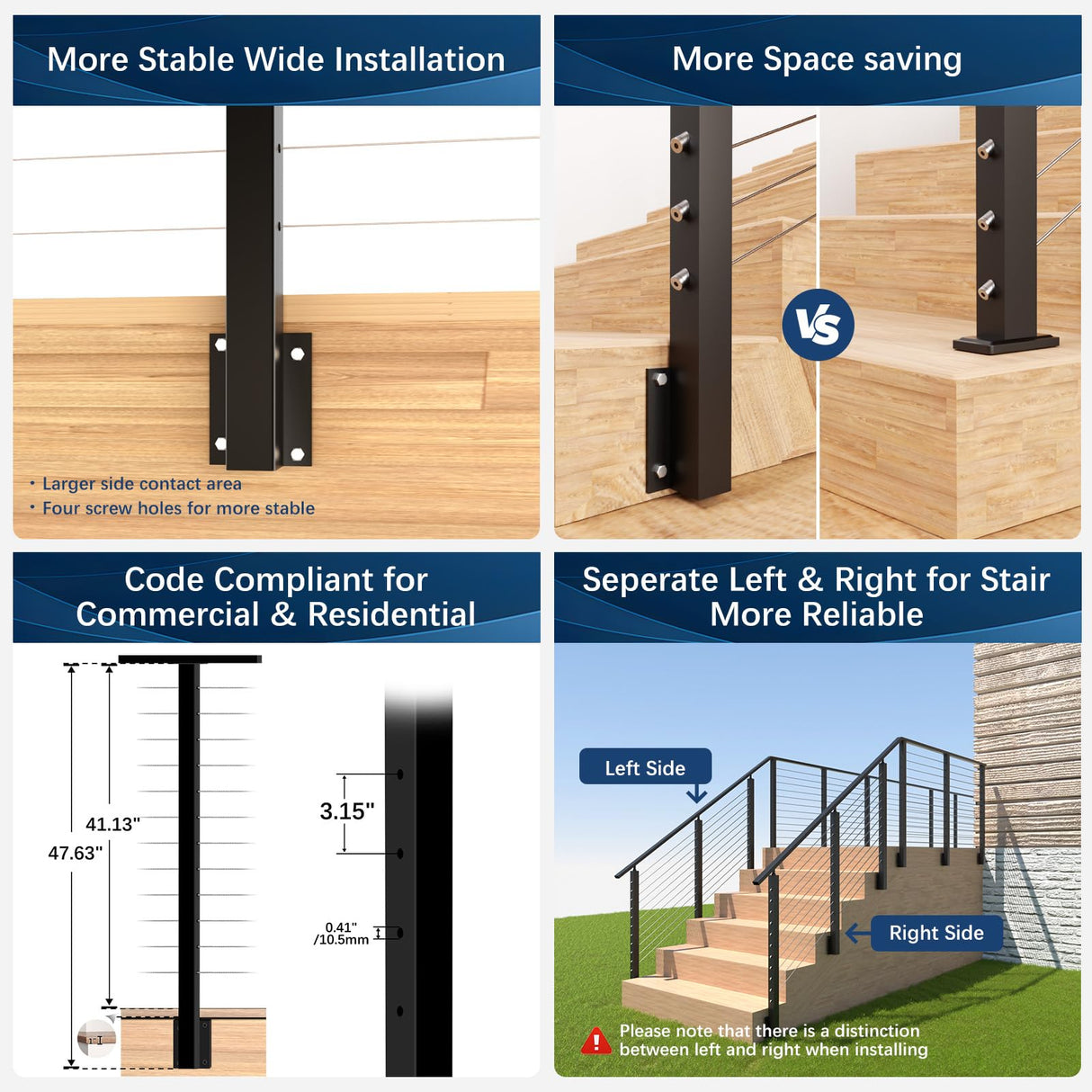 Gyykzz 2Pack One-Stop Side Mount Cable Railing Post Kits 42" (Post Body 47.6"), Complete Set Include 2 Pack Side Mount Line Posts, 105ft Cable, 12 Sets Cable Tensioner, 48 Cable Grommets (No Handrail) Gyykzz