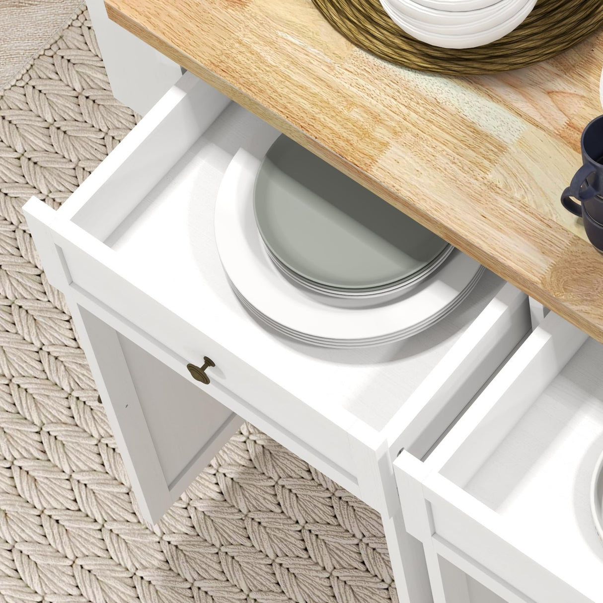 HOMCOM Kitchen Island on Wheels, Rolling Cart with Rubberwood Top, Spice Rack, Towel Rack and Drawers for Dining Room, Distressed White HOMCOM