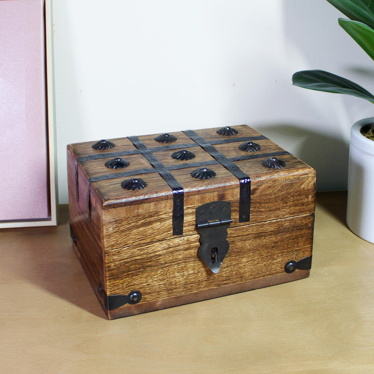 Nautical Cove Treasure Chest Wooden Box with Antique Iron Lock and Skeleton Key - Storage and Decor (Small 8 x 6 x 4.5) Nautical Cove