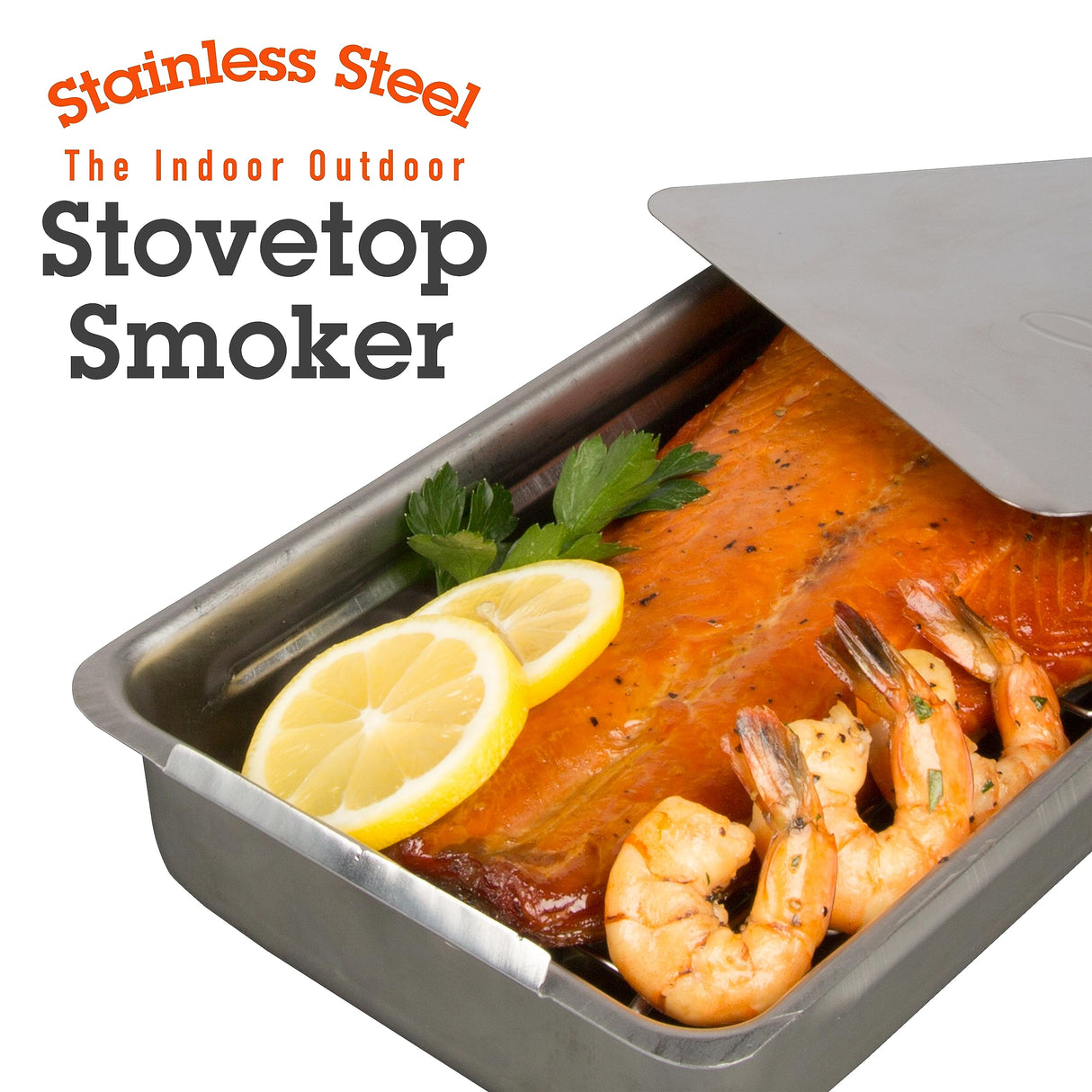 Camerons Indoor Outdoor Stovetop Smoker - Stainless Steel Barbecue Smoker Box w/Oak Wood Chips & Recipes - Works On Any Heat Source, Stovetop or BBQ Grill for Smoking Meats - Grilling Gift for Men Camerons