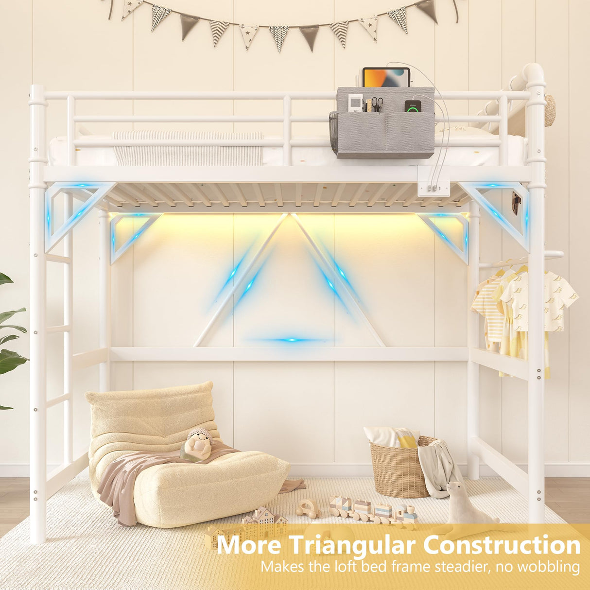 Twin Size Loft Bed with LED Lights and Charging Station, Industrial Heavy Duty Metal Loft Bed Frame with Ladder and Guardrail for Kids Adults, Small Space Saving Design for Bedroom Dorm, White Jocoevol