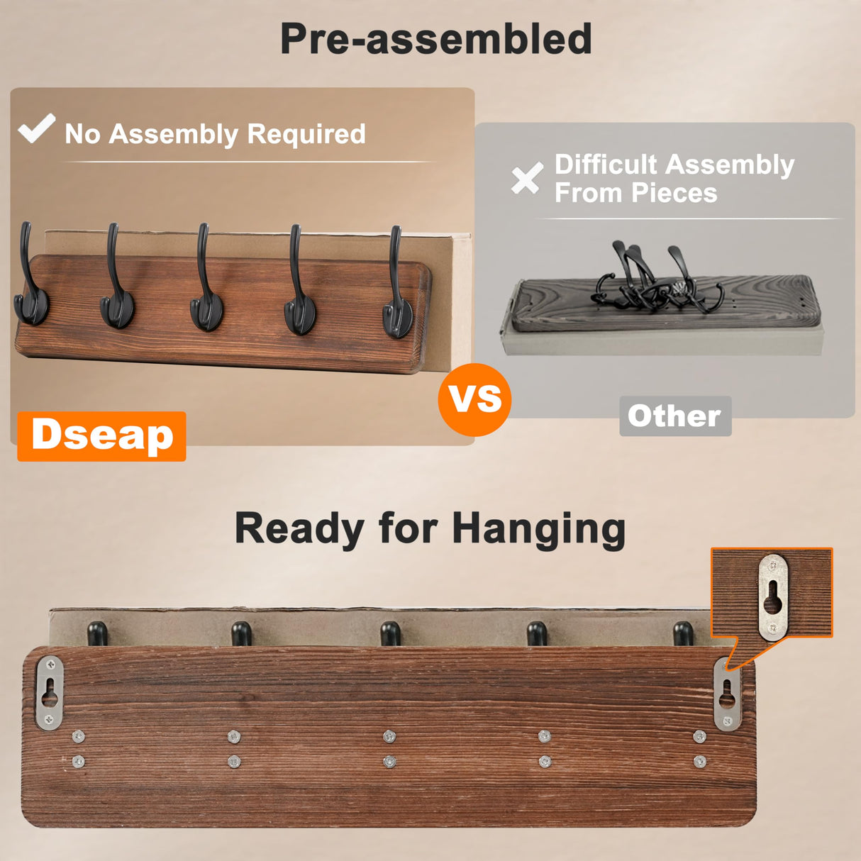 Dseap Coat Rack Wall: Patented, Heavy-Duty, 17.4" Long 5-Double-Hooks Wooden Wall Mounted Coat Rack Coat Hanger Hook Rail for Winter Coats Hat Jacket Clothing, Natural & Black Dseap