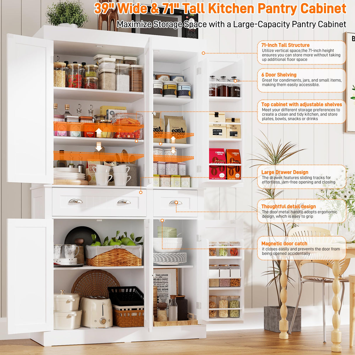 71" Tall Kitchen Cabinet Pantry Storage,Modern Kitchen Hutch Cabinet with Doors and Adjustable Shelves,Large Freestanding Food Pantry with 2 Drawer for Dining Room, Living Room, Hallway,White chartustriable