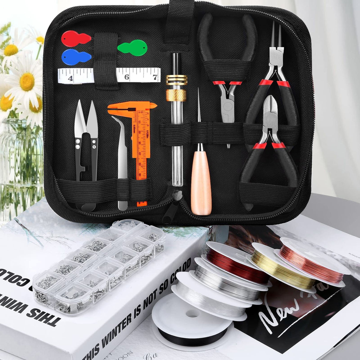 Thrilez Wire Wrapping For Jewelry Making, Repair and Beading Supplies Kit with Craft Ring Wire, Tools, Pliers and Jewelry Findings Thrilez