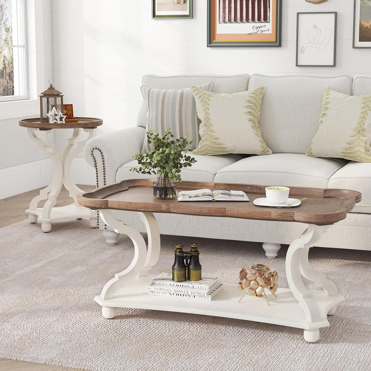 Function Home Farmhouse Coffee Table, Modern Cocktail Table with Storage Shelf, Sofa Table with Natural Tray Top and Carved Legs for Living Room, Bedroom, Dining Room in Vintage White Function Home
