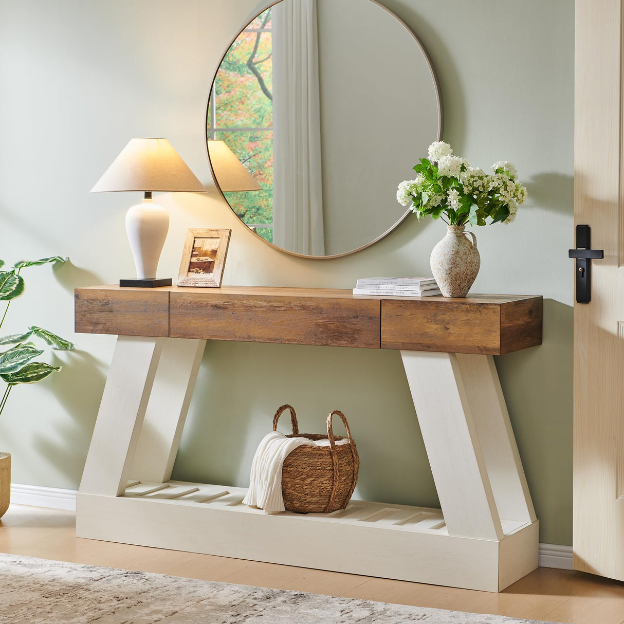 OKD 60" Farmhouse Entryway Table with Drawer, Console Table Behind Sofa, Narrow Long Entryway for Hallway, Living Room, Hallway, Behind Couch(Antique White) OKD