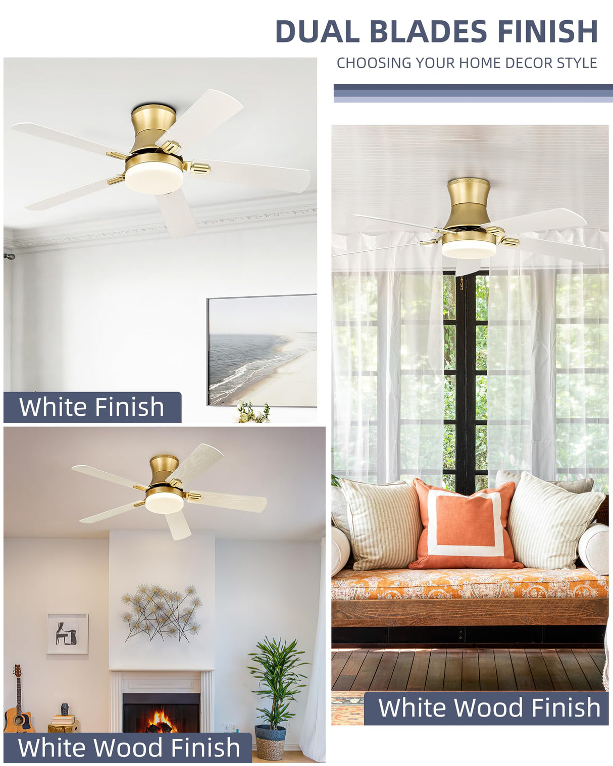YOUKAIN Ceiling Fans with Lights, 52 inch Low Profile Ceiling fan with Remote Control and App Control, Flush Mount, Reversible, Dimmable, Gold Ceiling Fan for Bedroom, Indoor/Outdoor Use, 52-YJ865-GD YOUKAIN