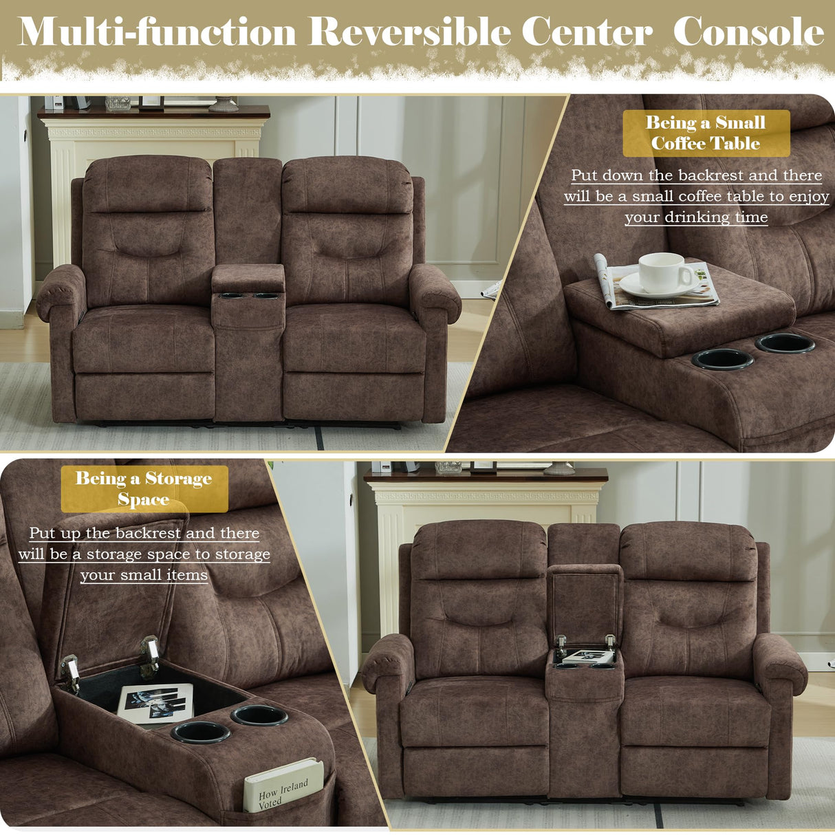 DRMBOOK RV Loveseat Recliner Sofa with Console, Velvet Fabric Double Wall Hugger Reclining Couch Manual Home Movie Seating 2 Person Recliner Chair with Cup Holders/Storage/Pocket/Lumbar Pillow, Brown DRMBOOK