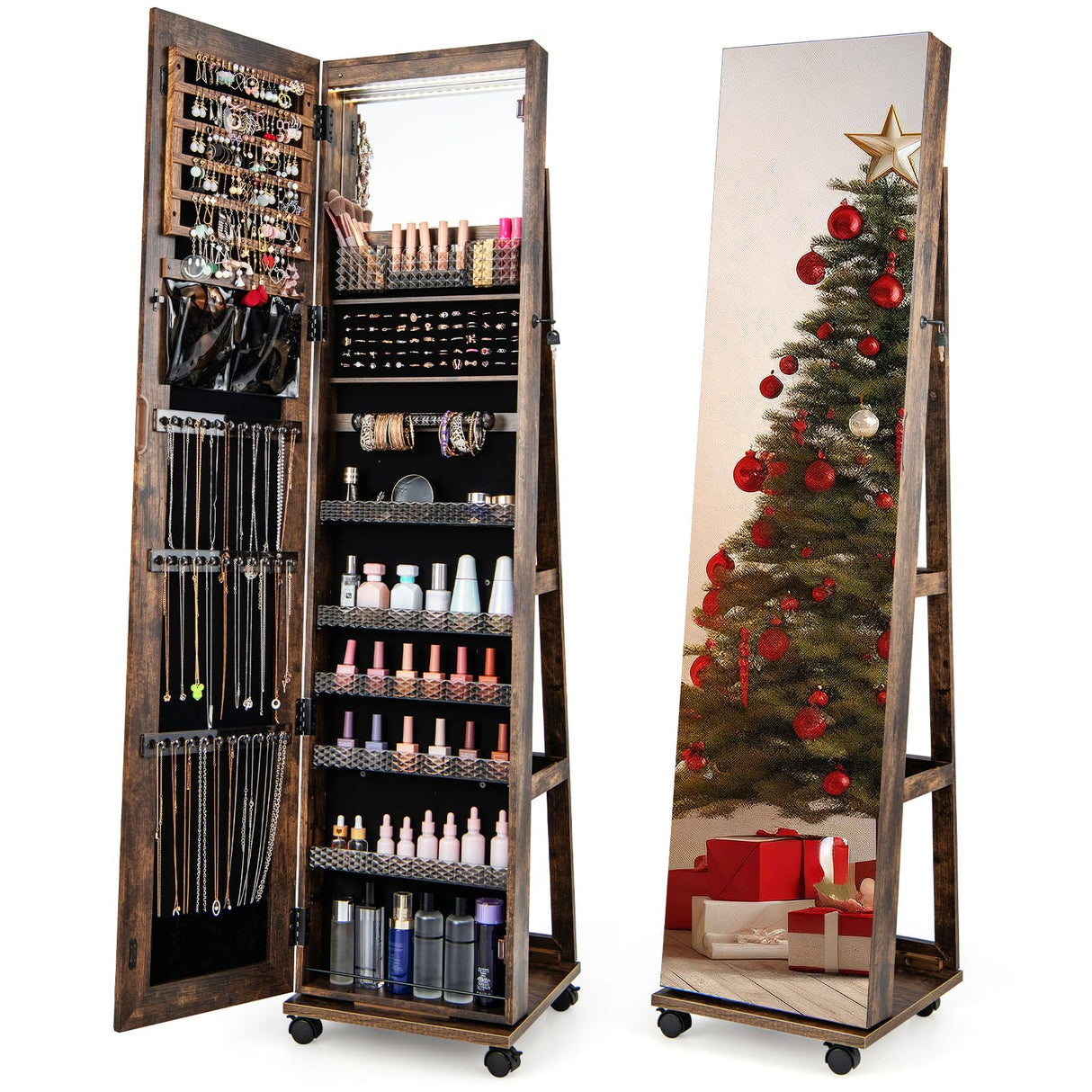 CHARMAID Jewelry Cabinet Armoire with Wheels, 64" H Full Length Mirror, 3-Color LED Lights, Height Adjustable Shelves, Lockable Standing Jewelry Organizer with Back Storage Shelves (Rustic Brown) CHARMAID