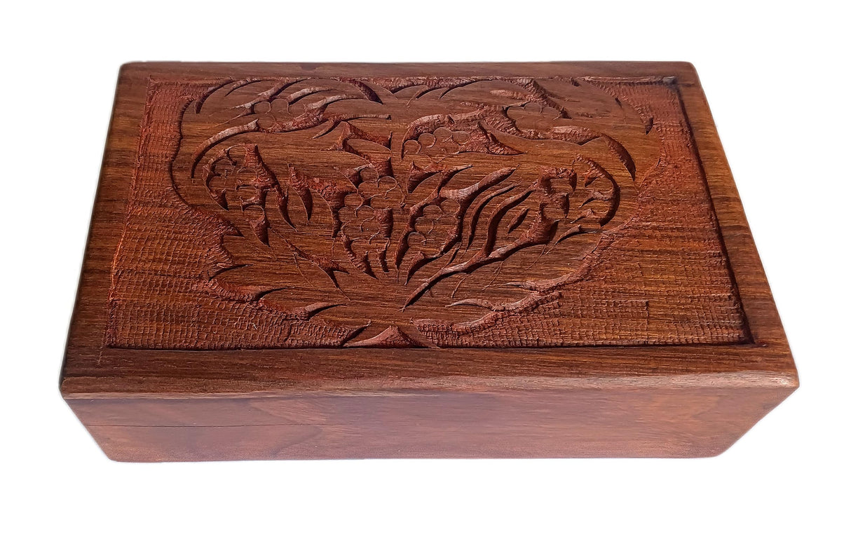 Ajuny Hand Carved handmade Wooden Decorative Treasure Chest Box - Flower Leaf Multipurpose Use Jewelry Storage Case Organizer Keepsake Watch Box Great for Gifts - Brown, 8X5 Inch Ajuny