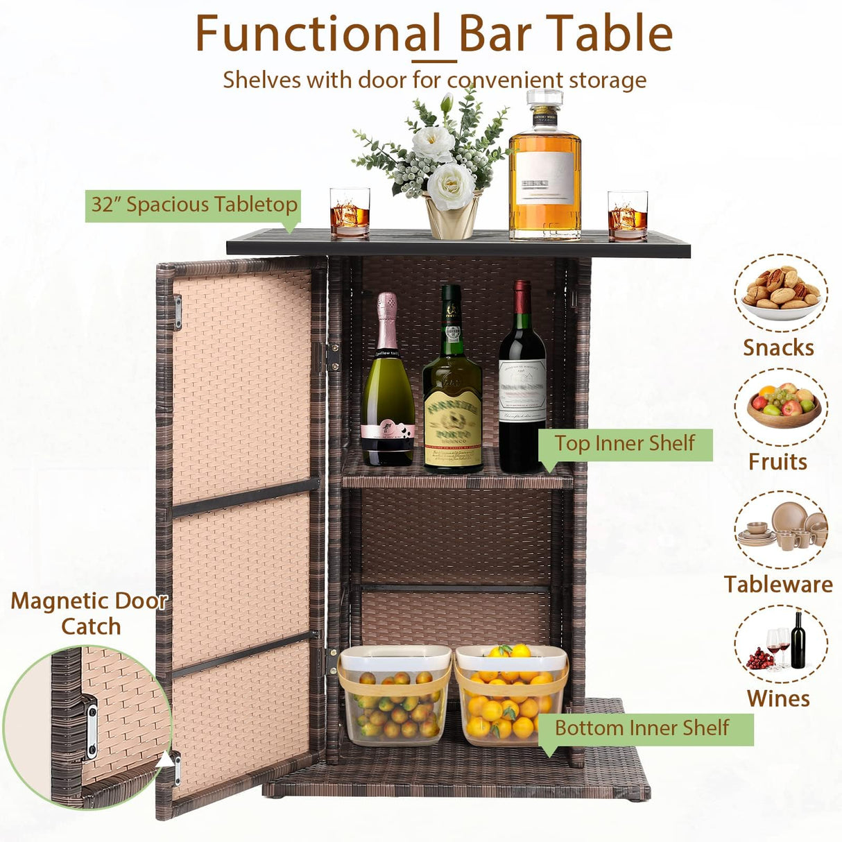 HAPPYGRILL 5 Pieces Rattan Bar Set, Outdoor Wicker Bar Table and 4 Bar Stools, Heavy-Duty Steel Frame, Patio Bar Furniture Set with Cushions HAPPYGRILL