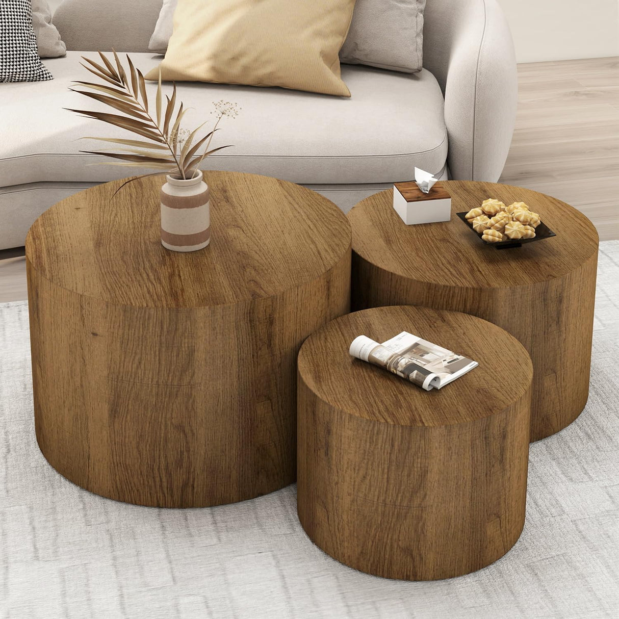 Vikiullf Nesting Coffee Table Set of 3, Round Wooden Coffee Tables, Modern Circle Table for Living Room, Bedroom, Accent Side Table End Table, Saving Space Design and No Need Assembly Vikiullf