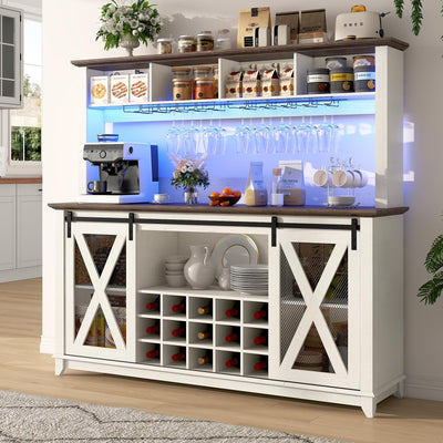 63"Wide 58"H Farmhouse Coffee Bar Cabinet with LED Light,Wine Bar Cabinet w/ 4 Storage Hutch,Kitchen Buffet Cabinet w/Sliding Barn Door & 15 Wine and Glass Racks for Kitchen Dining Room(Antique White)