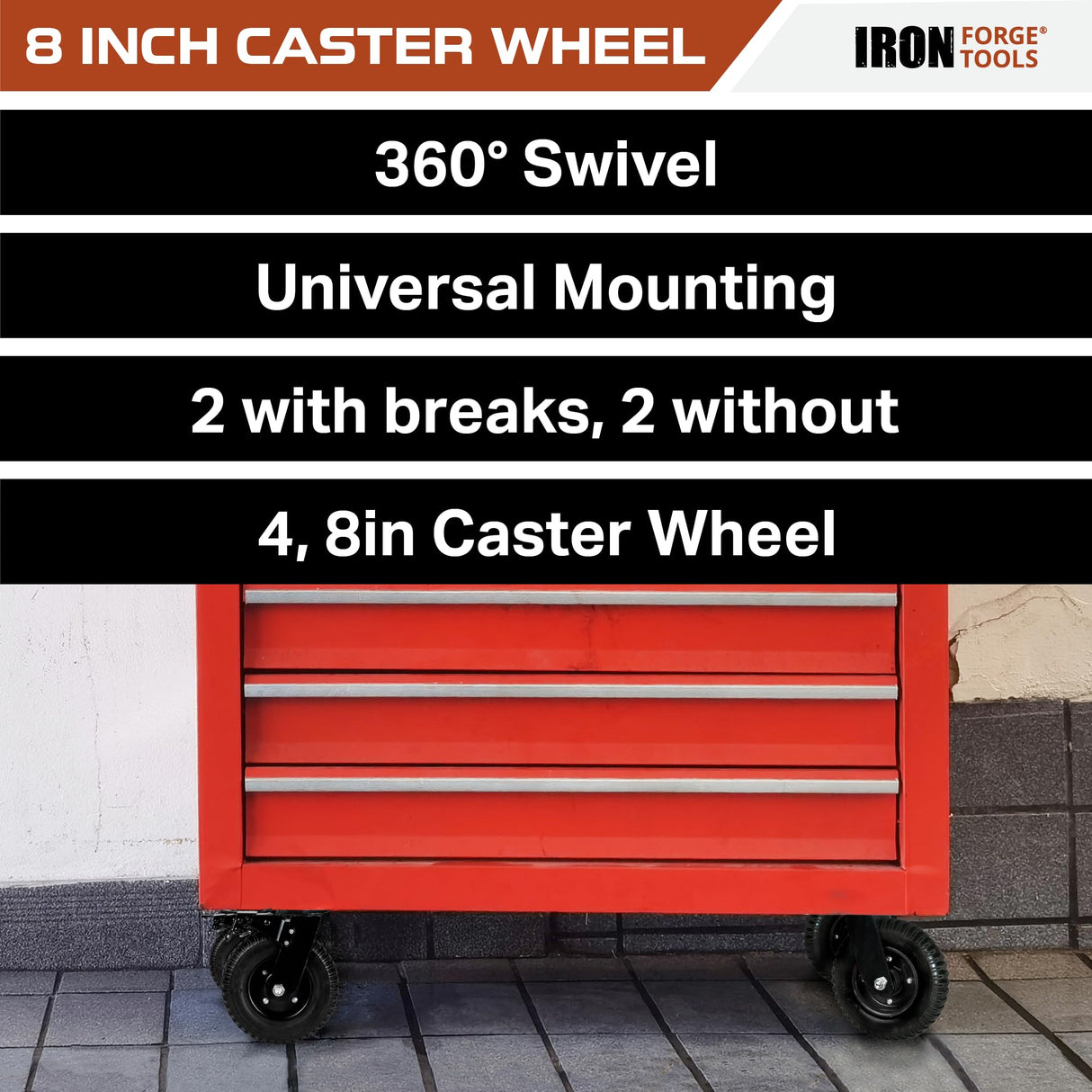 Iron Forge Tools 8 Inch Heavy Duty Swivel Knobby Casters Set of 4, 7-7/8" Diameter, Solid PU Knobby Tread Heavy Duty Caster Wheels, Swiveling Bases, Two Casters with Brakes, Two Without, Black & Red Iron Forge Tools