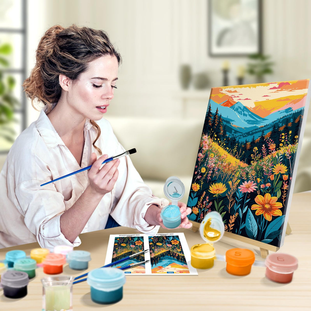 JOOZ Mountain Paint by Numbers Kit for Adults with Frame, Flowers Paint by Number with Easel, DIY Landscape Adult Paint by Number Kits Framed Canvas for Home Wall Decor 8 x 12 Inch JOOZ