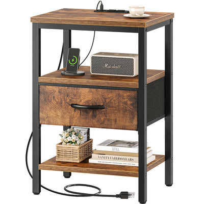 SUPERJARE Nightstand with Charging Station, Bed Side Table with Adjustable Fabric Drawer, Night Stand for Bedroom, 3-Tier Storage End Table, for Living Room, Rustic Brown