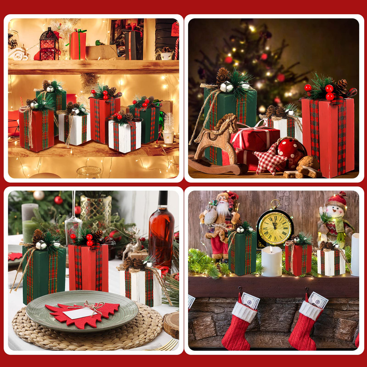 BBTO 6 Pcs Christmas Wooden Gifts Box Decor Christmas Table Decor Table Centerpieces with Buffalo Plaid Bowknot Faux Present Wooden Blocks Rustic Wooden Gifts Tiered Tray Decor for Xmas Party Decor BBTO