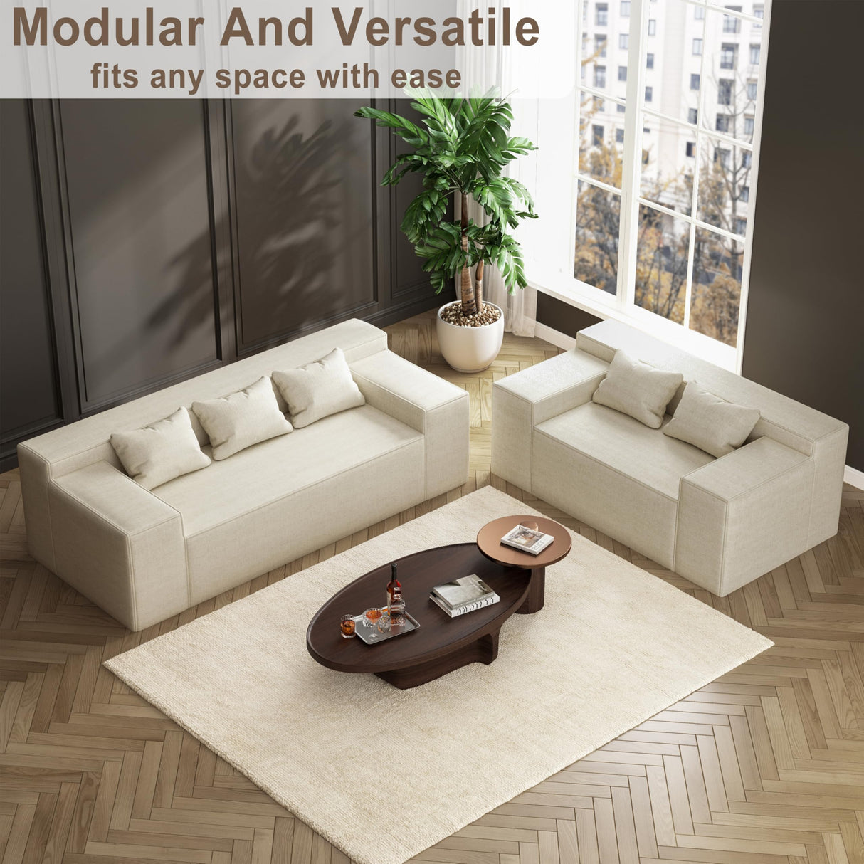 Modern 3-Seater Sofa, Hybrid Sofa in a Box, No Assembly Required, Comfy Sofa Couch with 3 Matching Pillows, Cat-Scratch Resistant Linen, Couch for Living Room or Bedroom, Beige PurrJoys