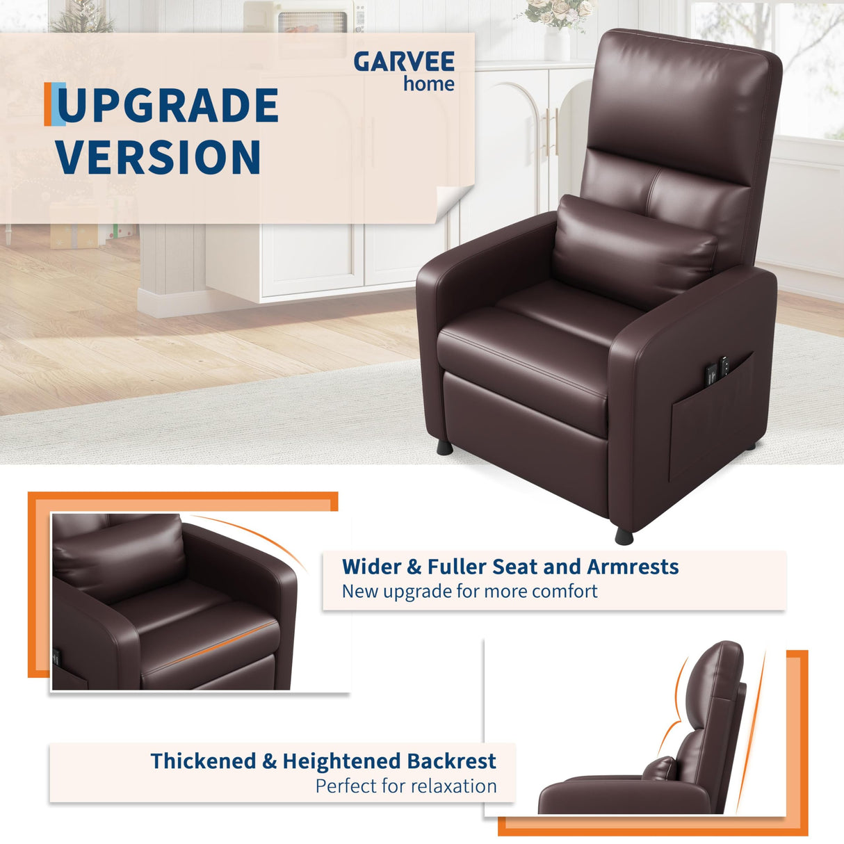 GarveeHome Power Recliner Chair - Heat and Massage, Adjustable Electric Recliner Ergonomic PU Leather Single Sofa, Tall Back, Padded Seat, Home Theater Seating for Living Room GarveeHome